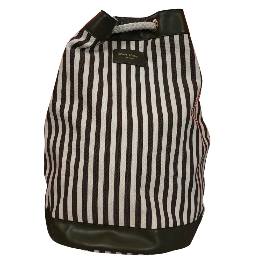Henri Bendel Green & Cream Stripe Drawstring Bucket Bag, flawed